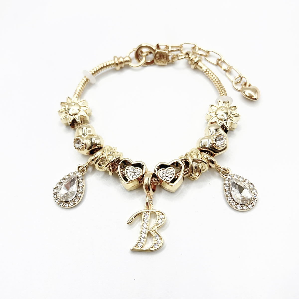 Gold Initial Letter Charm Bracelet with Sun & Crystal Accents