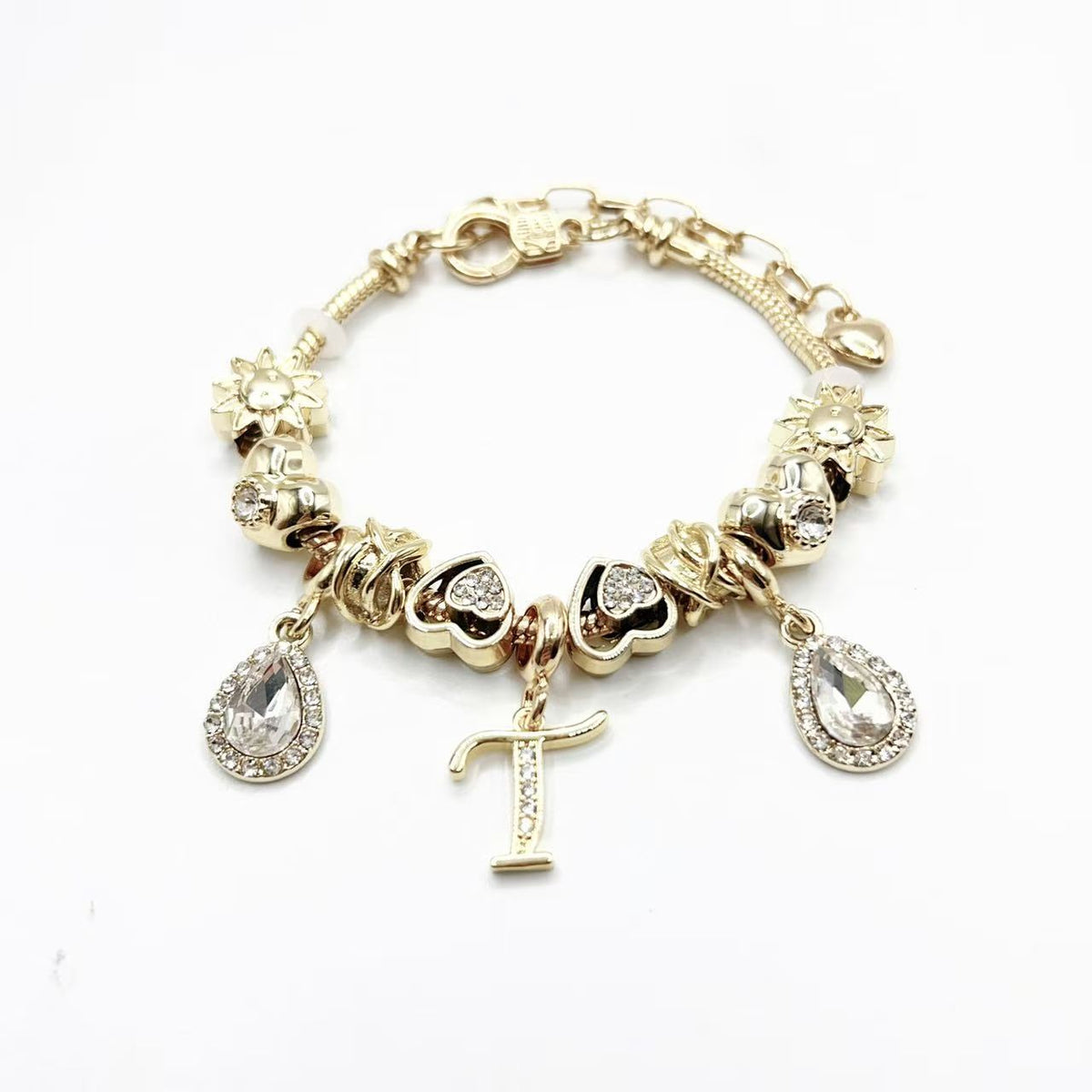 Gold Initial Letter Charm Bracelet with Sun & Crystal Accents