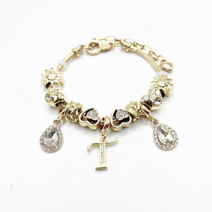 Gold Initial Letter Charm Bracelet with Sun & Crystal Accents