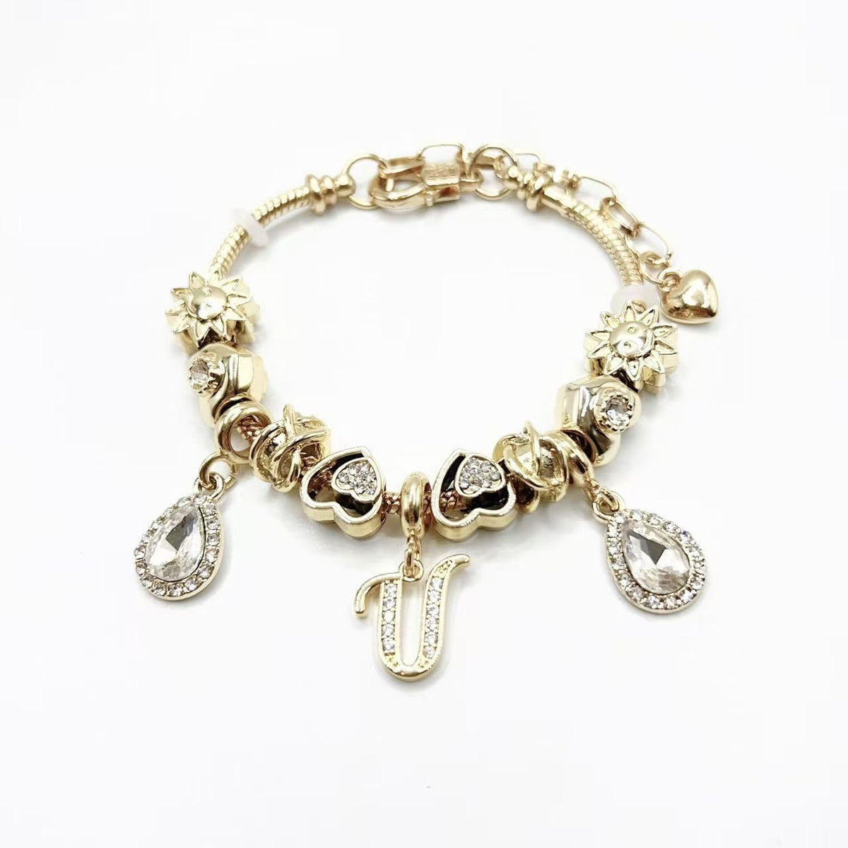 Gold Initial Letter Charm Bracelet with Sun & Crystal Accents