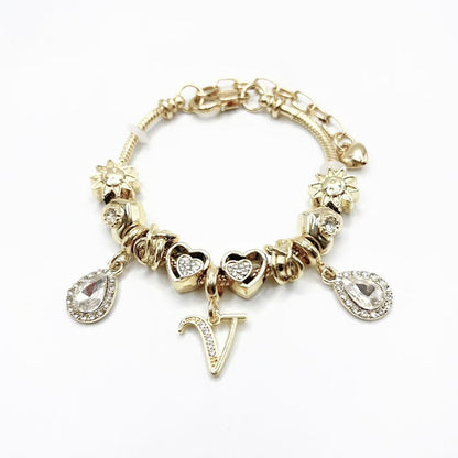 Gold Initial Letter Charm Bracelet with Sun & Crystal Accents