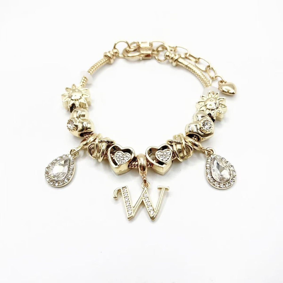 Gold Initial Letter Charm Bracelet with Sun & Crystal Accents