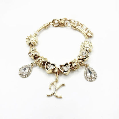 Gold Initial Letter Charm Bracelet with Sun & Crystal Accents