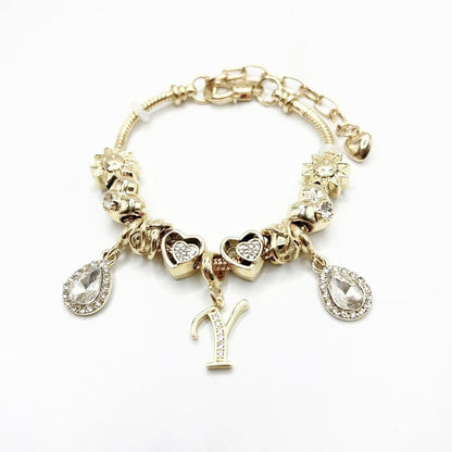 Gold Initial Letter Charm Bracelet with Sun & Crystal Accents