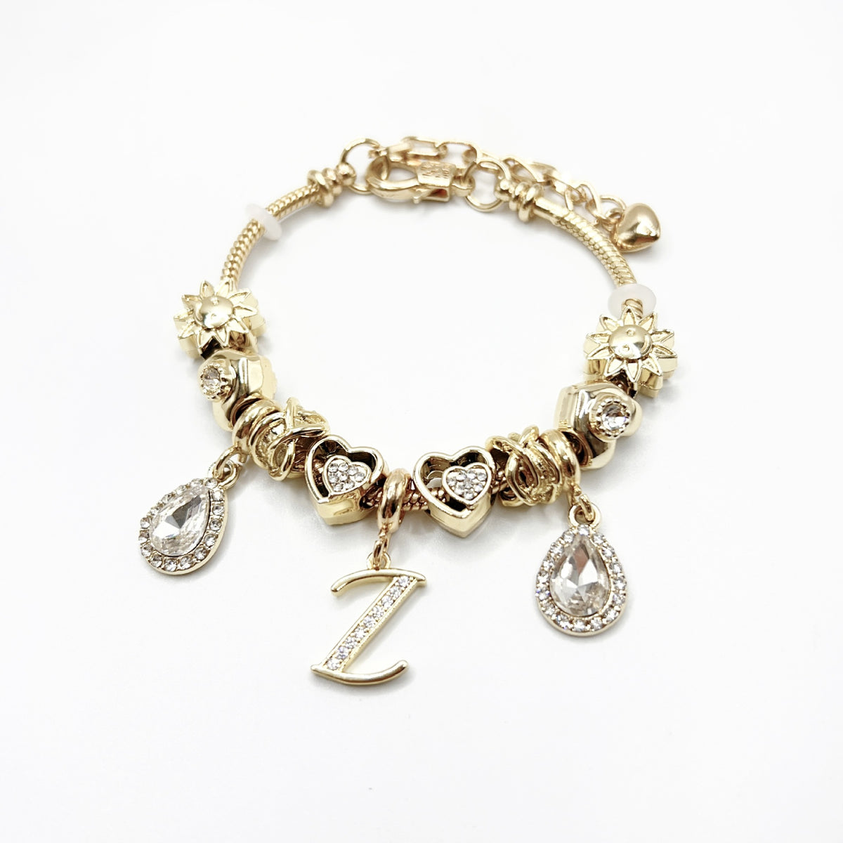 Gold Initial Letter Charm Bracelet with Sun & Crystal Accents