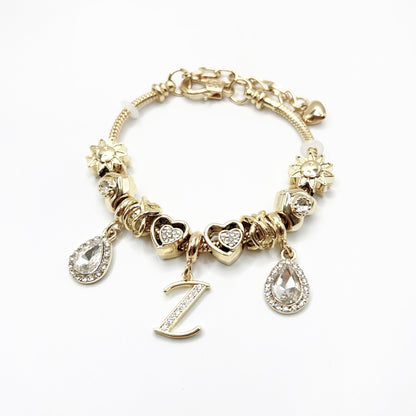 Gold Initial Letter Charm Bracelet with Sun & Crystal Accents