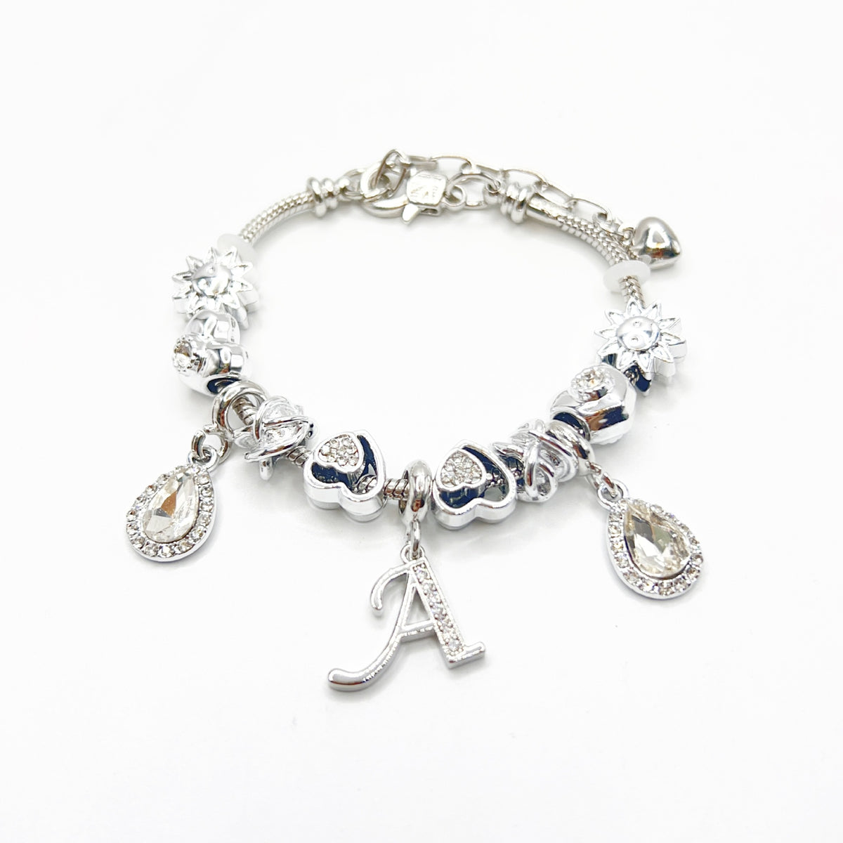 Gold Initial Letter Charm Bracelet with Sun & Crystal Accents
