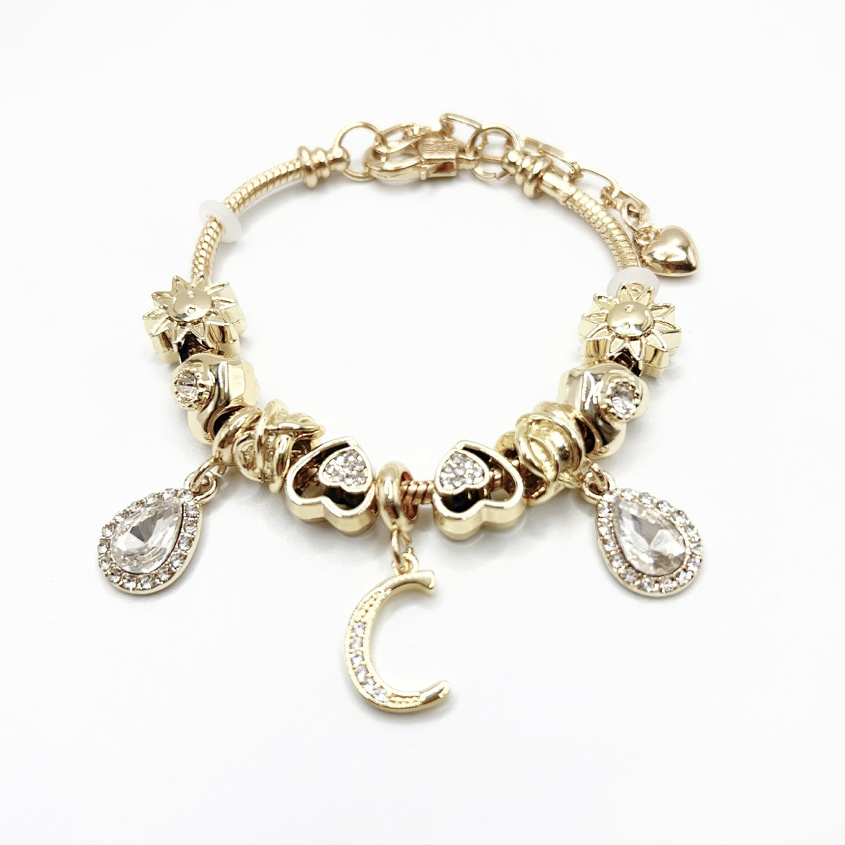 Gold Initial Letter Charm Bracelet with Sun & Crystal Accents