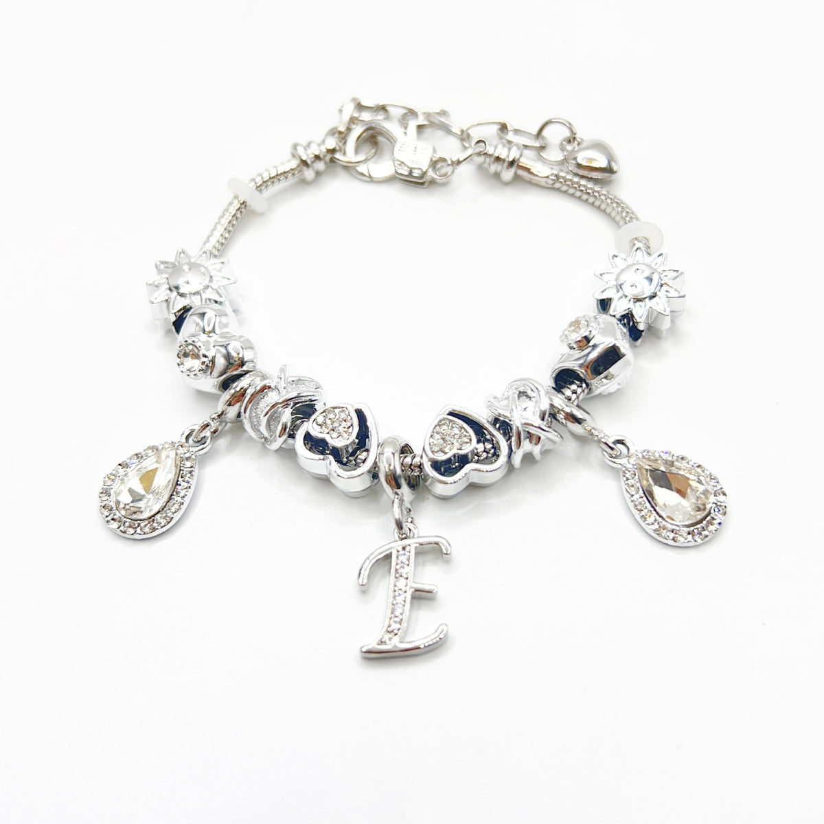 Gold Initial Letter Charm Bracelet with Sun & Crystal Accents
