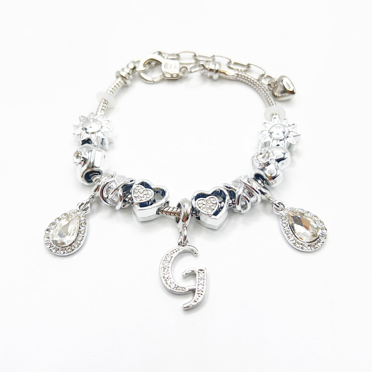 Gold Initial Letter Charm Bracelet with Sun & Crystal Accents