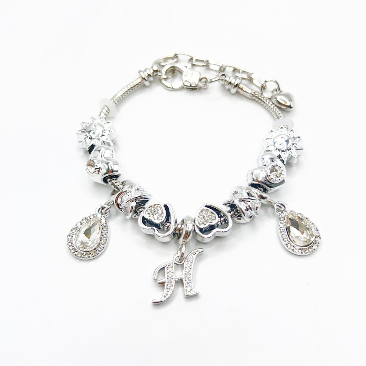 Gold Initial Letter Charm Bracelet with Sun & Crystal Accents