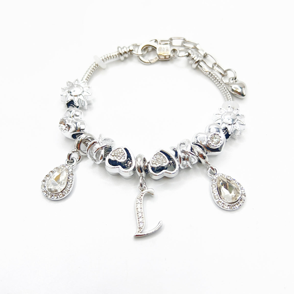 Gold Initial Letter Charm Bracelet with Sun & Crystal Accents