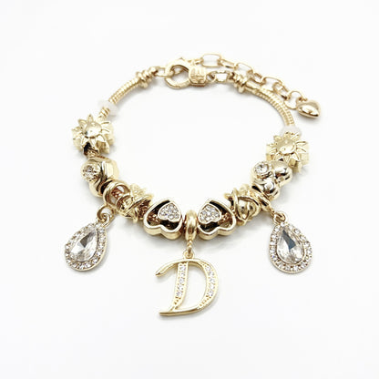 Gold Initial Letter Charm Bracelet with Sun & Crystal Accents