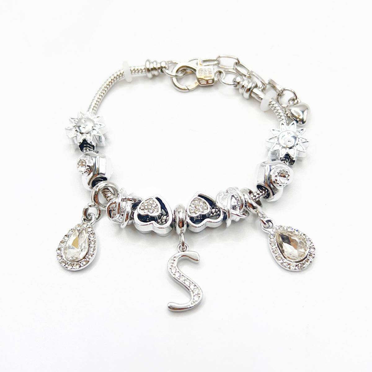 Gold Initial Letter Charm Bracelet with Sun & Crystal Accents