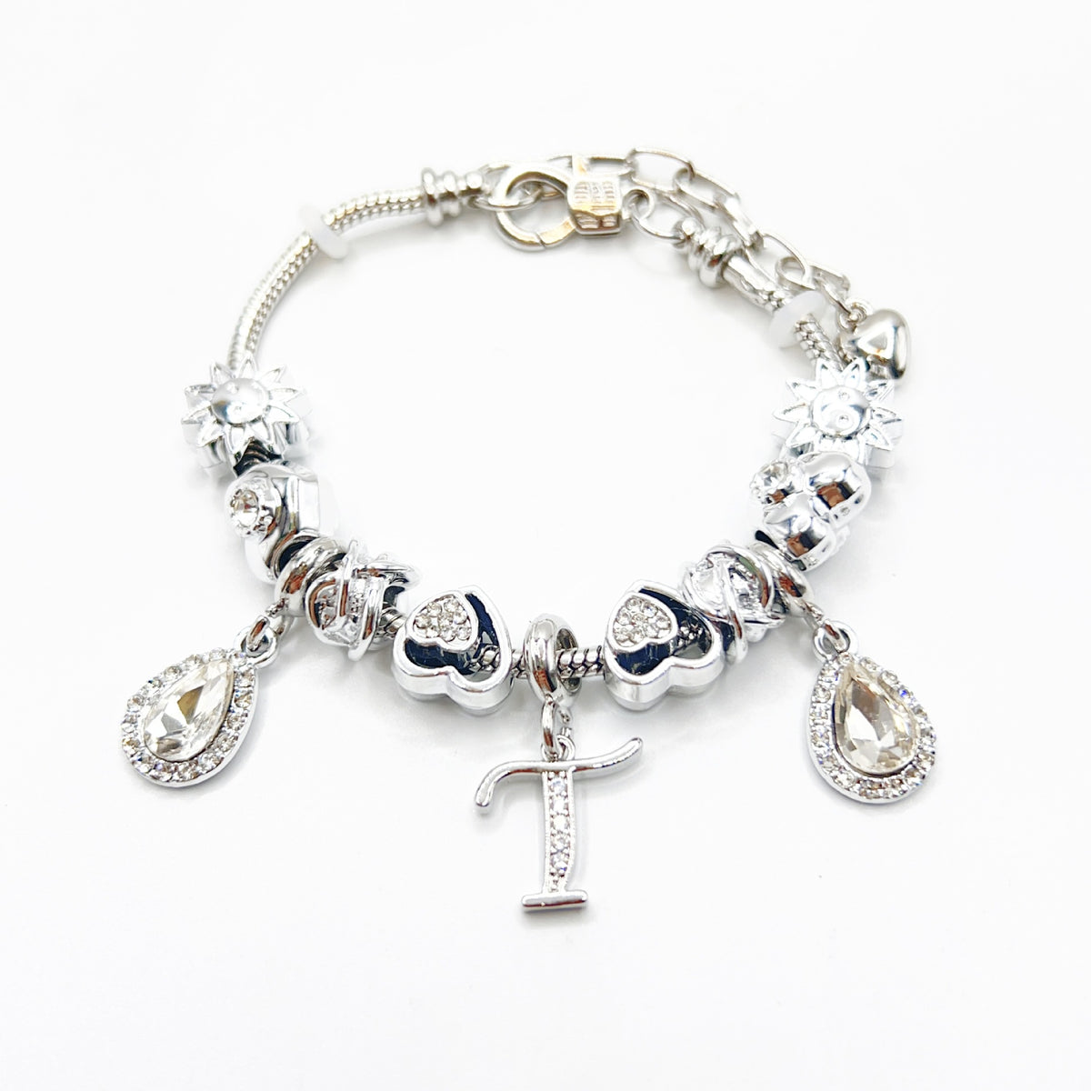 Gold Initial Letter Charm Bracelet with Sun & Crystal Accents