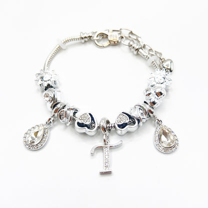 Gold Initial Letter Charm Bracelet with Sun & Crystal Accents