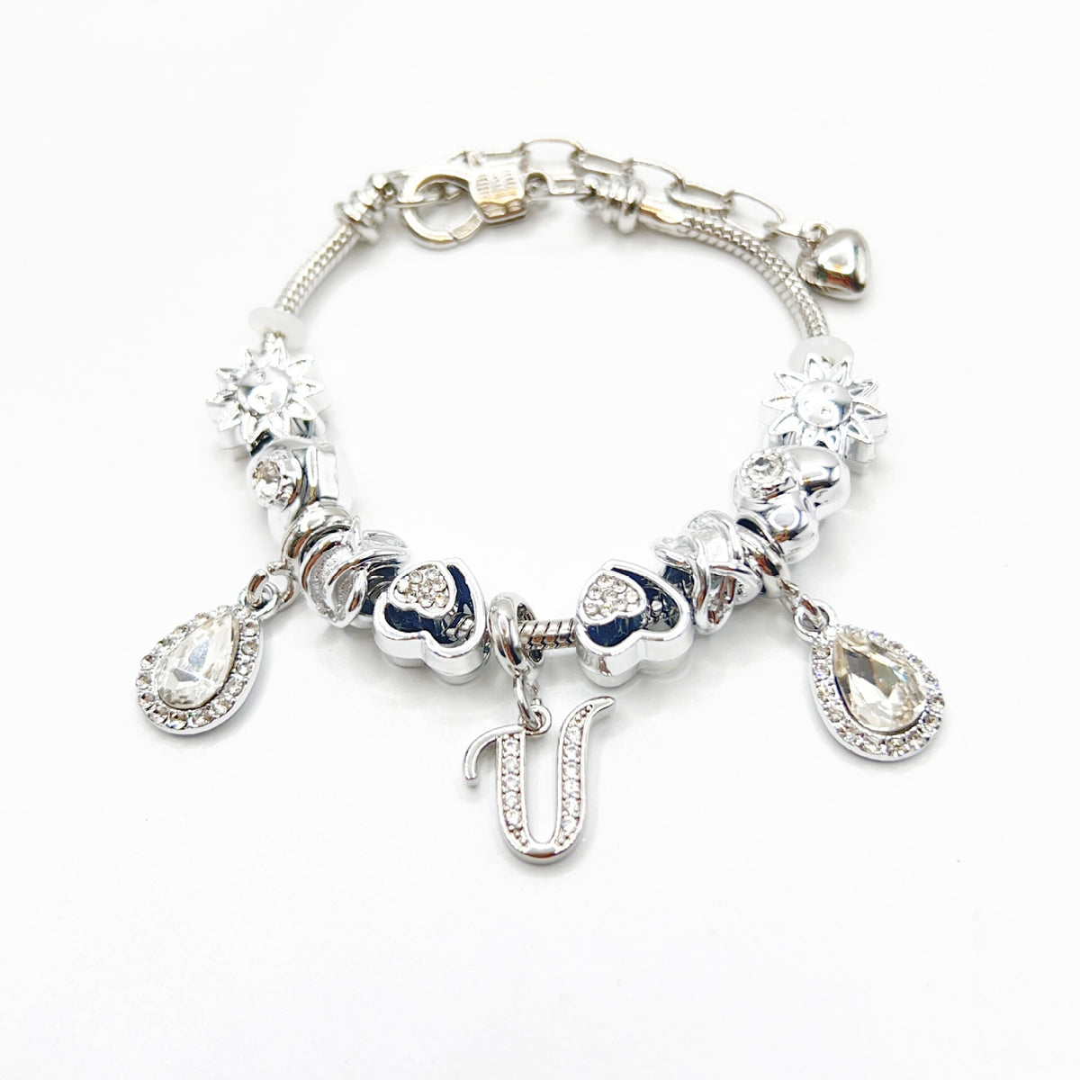 Gold Initial Letter Charm Bracelet with Sun & Crystal Accents