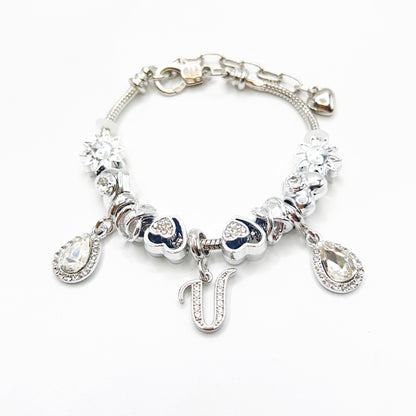 Gold Initial Letter Charm Bracelet with Sun & Crystal Accents