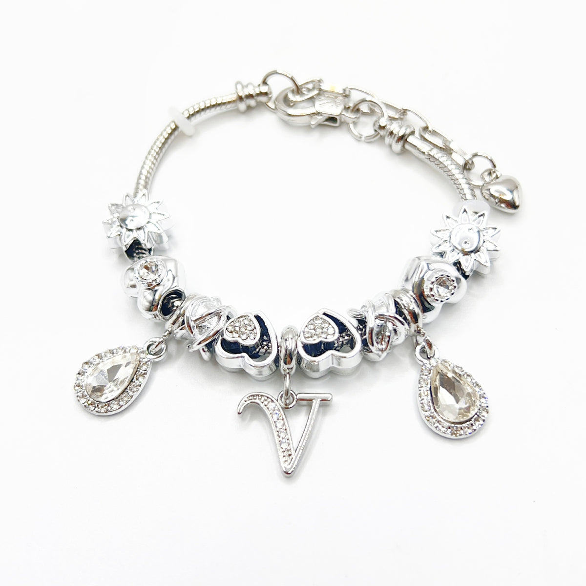 Gold Initial Letter Charm Bracelet with Sun & Crystal Accents
