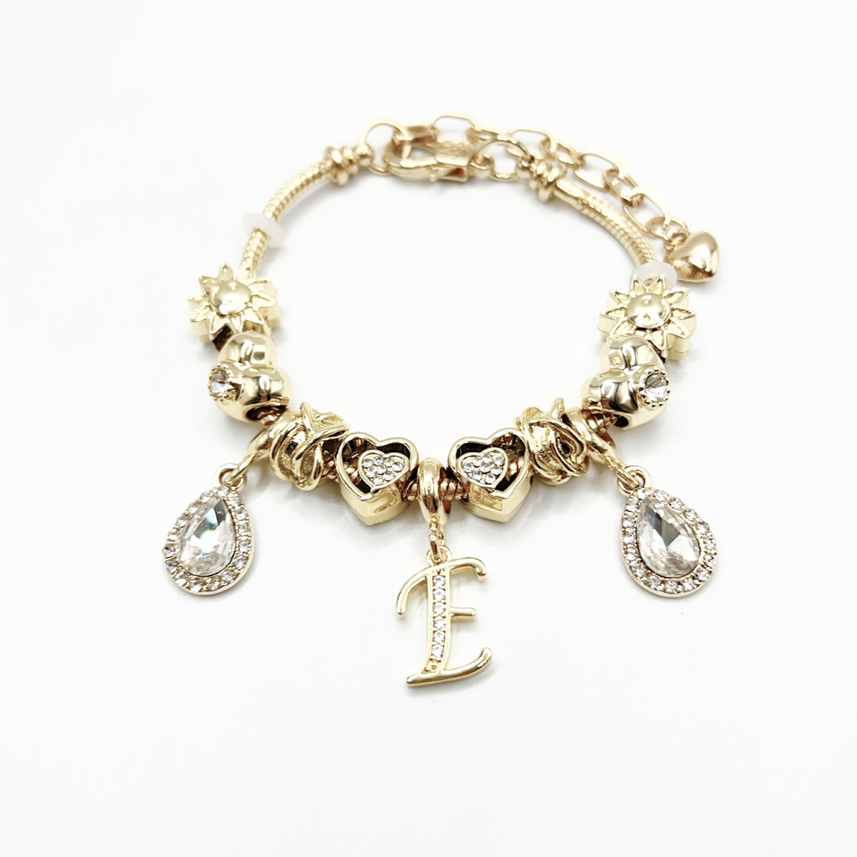Gold Initial Letter Charm Bracelet with Sun & Crystal Accents