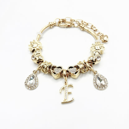 Gold Initial Letter Charm Bracelet with Sun & Crystal Accents