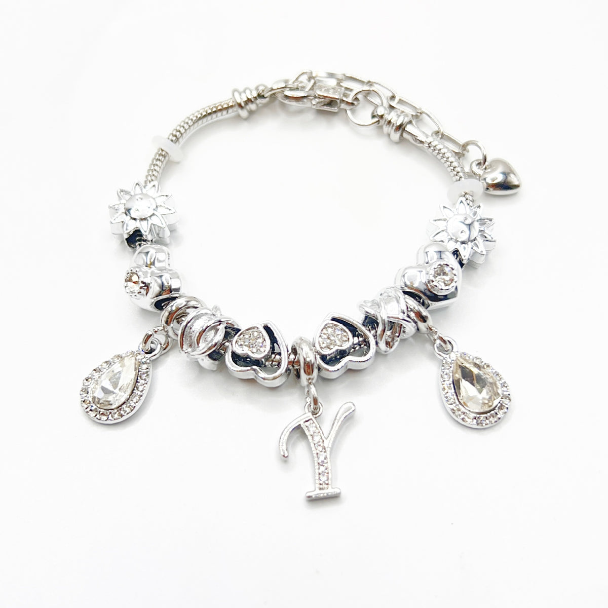 Gold Initial Letter Charm Bracelet with Sun & Crystal Accents