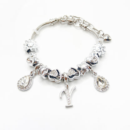 Gold Initial Letter Charm Bracelet with Sun & Crystal Accents