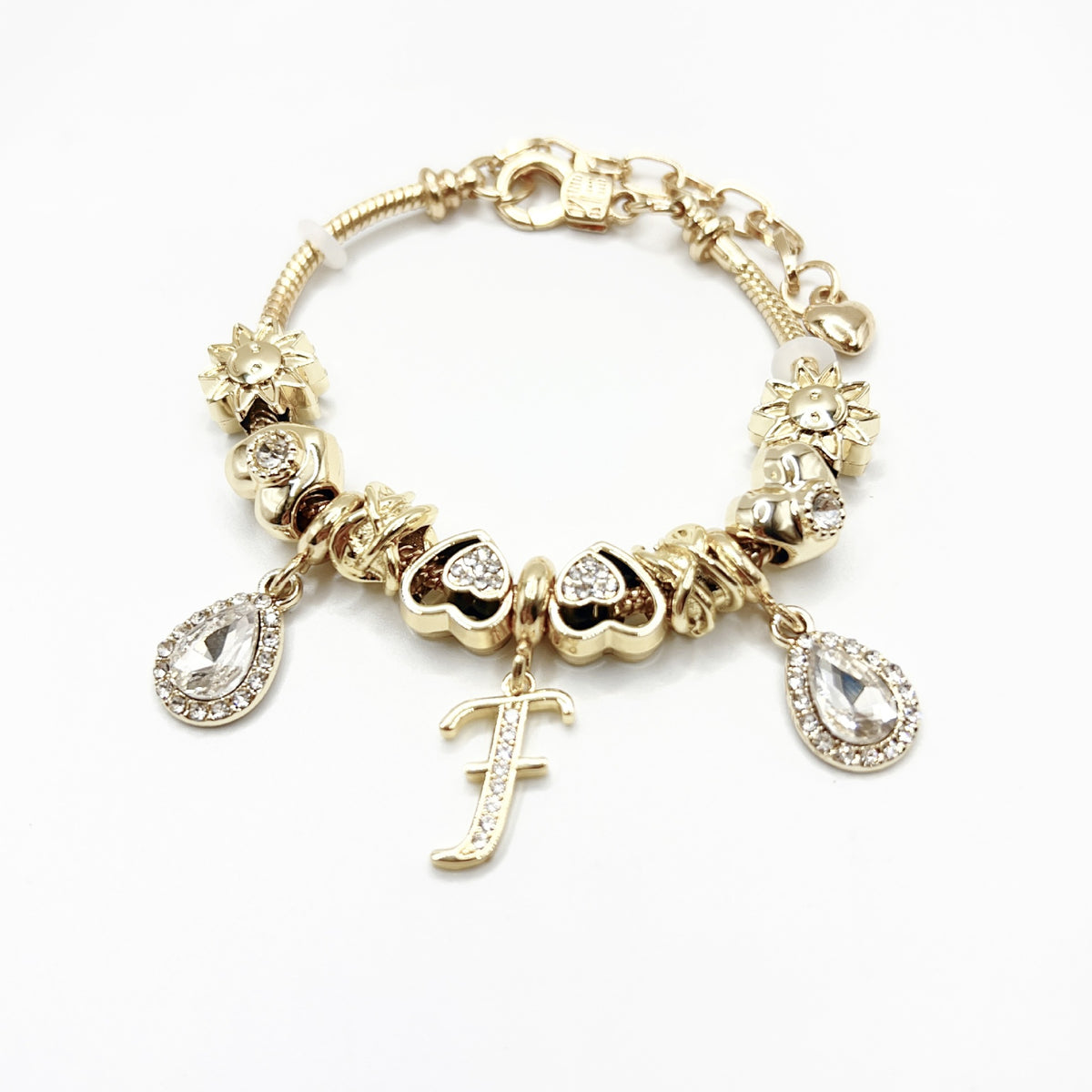 Gold Initial Letter Charm Bracelet with Sun & Crystal Accents