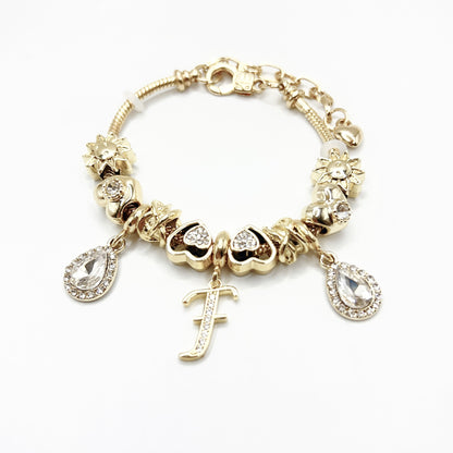 Gold Initial Letter Charm Bracelet with Sun & Crystal Accents