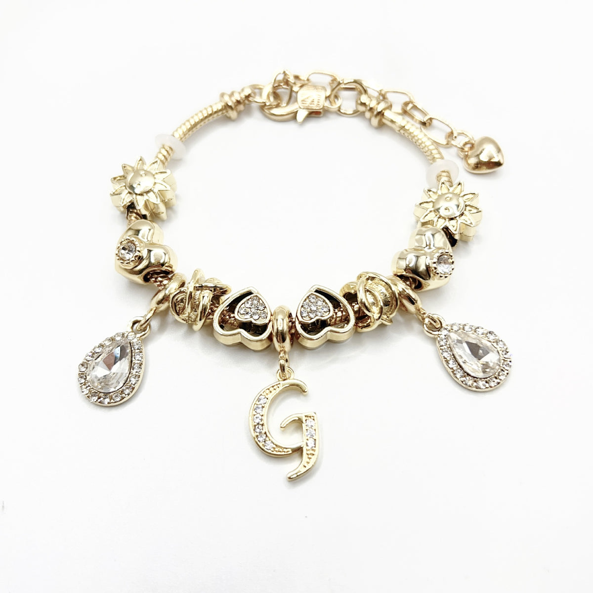 Gold Initial Letter Charm Bracelet with Sun & Crystal Accents