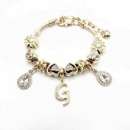 Gold Initial Letter Charm Bracelet with Sun & Crystal Accents