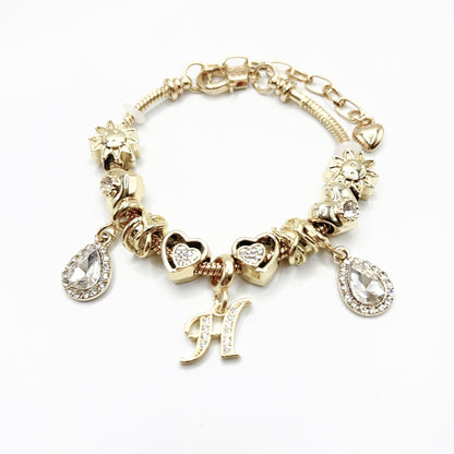 Gold Initial Letter Charm Bracelet with Sun & Crystal Accents