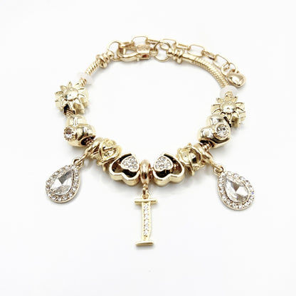 Gold Initial Letter Charm Bracelet with Sun & Crystal Accents