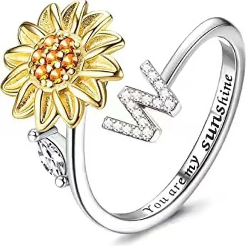 You Are My Sunshine Spinner Ring – Floral Gemstone A-Z Initial Ring